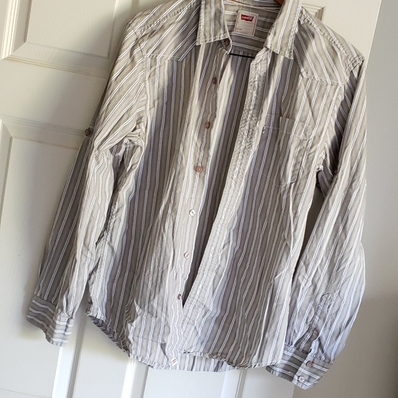 Levis Top L Button Up Tan/Beige White Blue Excellent Condition - Picture 2 of 7